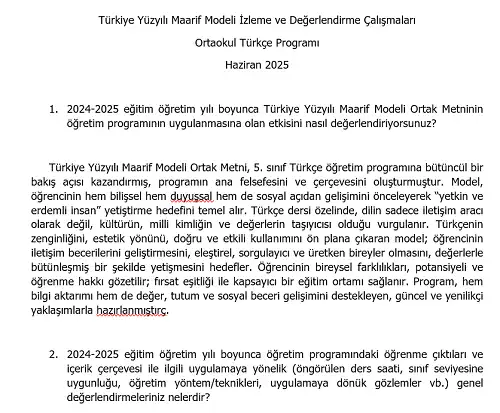 Türkiye Yüzyılı Maarif Modeli İzleme ve Değerlendirme Çalışmaları - Ortaokul Türkçe Programı