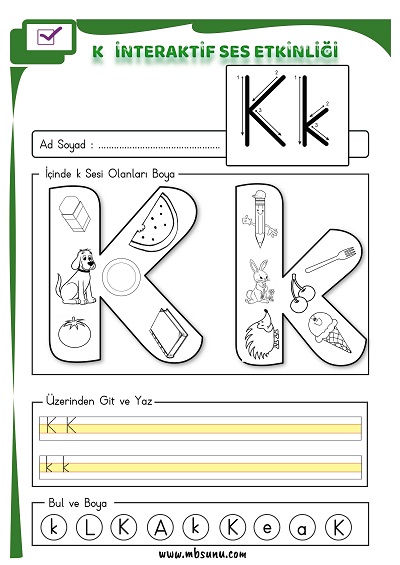 1. Sınıf İlk Okuma İnteraktif K Sesi Etkinliği 2