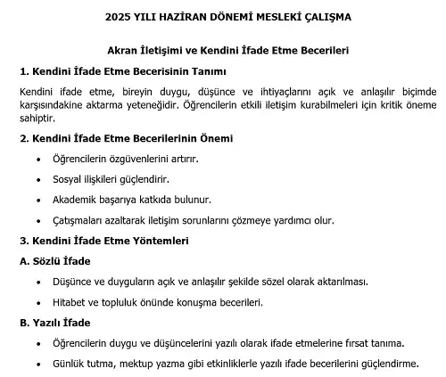 2025 İlkokul Mesleki Çalışma: Akran İletişimi ve Kendini İfade Etme Becerileri