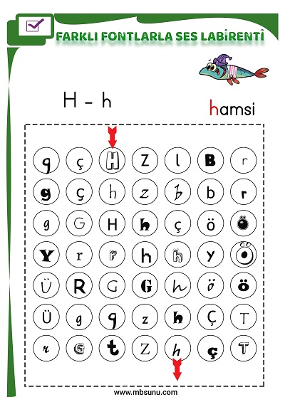 1. Sınıf İlk Okuma Farklı Fontlarla H Sesi Oyunlu Labirent Etkinliği