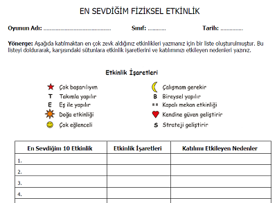 4.Sınıf Beden Eğitimi ve Oyun - En Sevdiğim Fiziksel Etkinlik Formu