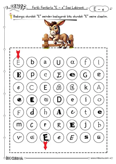 1. Sınıf Farklı Fontlarla E Sesi Labirent Bulmaca Etkinliği