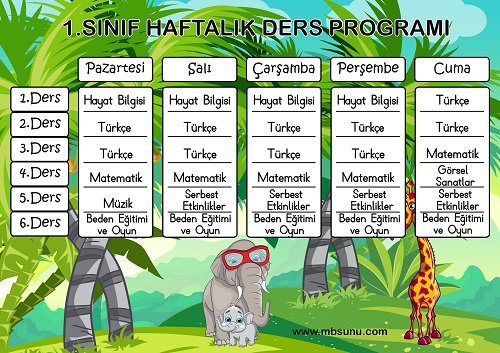 1. Sınıf Haftalık Ders Programı Boş ve Dolu Şablon