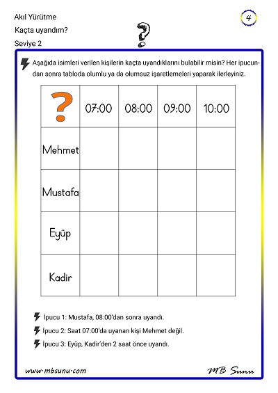 Seviye 2 - Akıl Yürütme Zeka Etkinliği 4 - Kaçta Uyandım