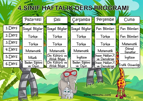 4. Sınıf Haftalık Ders Programı Boş ve Dolu Şablon