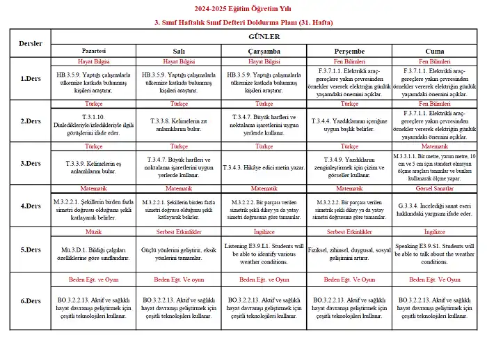 2024-2025 Yılı 3. Sınıf 31. Hafta Sınıf Defteri Doldurma Planı