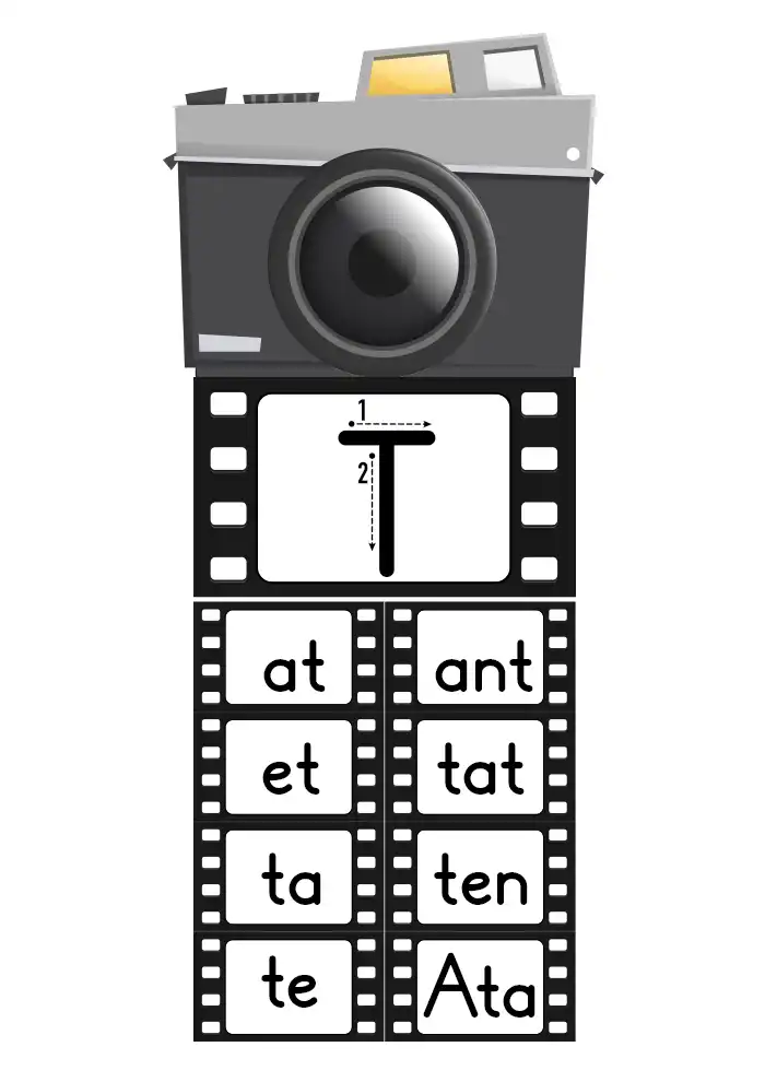 1. Sınıf Fotoğraf Makinesi ve Film Şeridinde T Sesi Hece, Sözcük Okuma Etkinliği