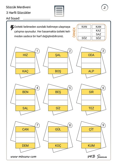 Sözcük Merdiveni Etkinliği - 3 Harfli Sözcükler - 2