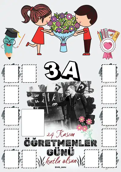 3-A Şubesi İçin Çerçeveli Öğretmenler Günü Posteri (13 Kişilik)