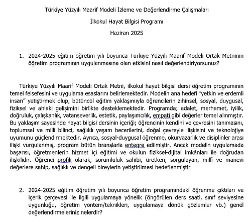 Türkiye Yüzyılı Maarif Modeli İzleme ve Değerlendirme Çalışmaları - İlkokul Hayat Bilgisi Programı