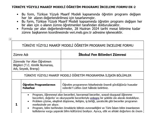 Maarif Modeli İlkokul Fen Bilimleri Programı İnceleme Formu Ek-2 (Doldurulmuş Hali)