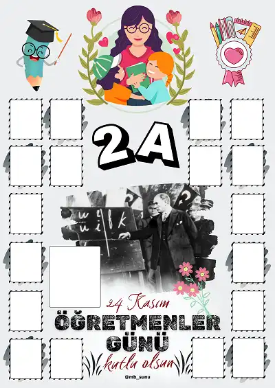 2-A Şubesi İçin Çerçeveli Öğretmenler Günü Posteri (18 Kişilik-Bayan)