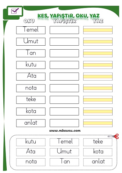 1. Sınıf İlk Okuma T Sesi - Kes Yapıştır Oku Yaz Etkinliği