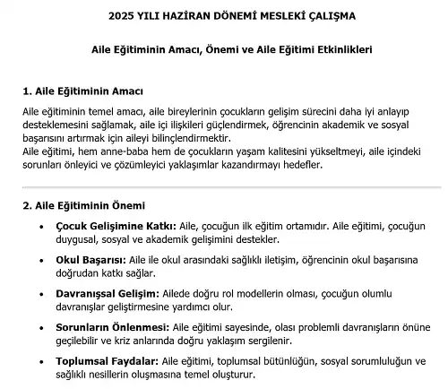 2025 Lise Mesleki Çalışma: Aile Eğitiminin Amacı, Önemi ve Aile Eğitimi Etkinlikleri