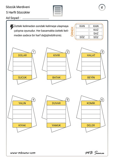 Sözcük Merdiveni Etkinliği - 5 Harfli Sözcükler - 6
