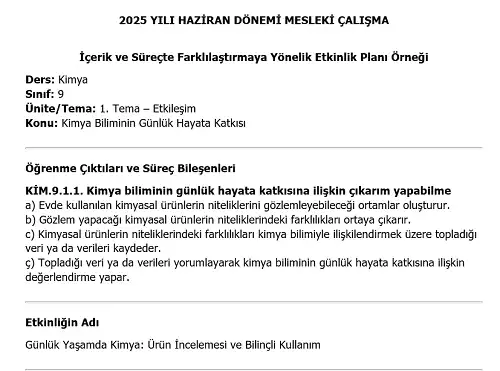 2025 Lise Mesleki Çalışma: İçerik ve Süreçte Farklılaştırmaya Yönelik Kimya Etkinlik Planı Örneği