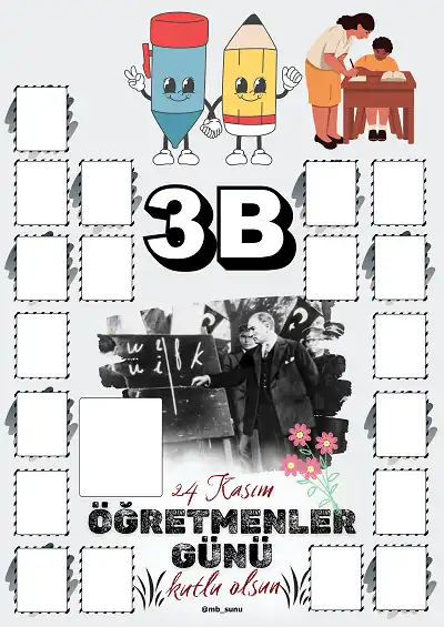 3-B Şubesi İçin Çerçeveli Öğretmenler Günü Posteri (19 Kişilik-Bayan)