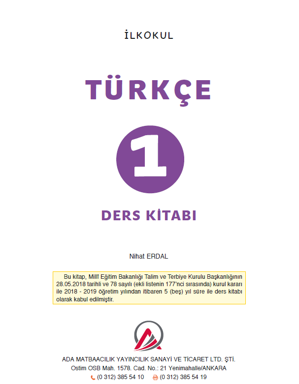 1.Sınıf Türkçe Ders Kitabı (Ada Yayınları) pdf indir