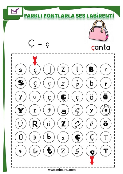 1. Sınıf İlk Okuma Farklı Fontlarla Ç Sesi Oyunlu Labirent Etkinliği