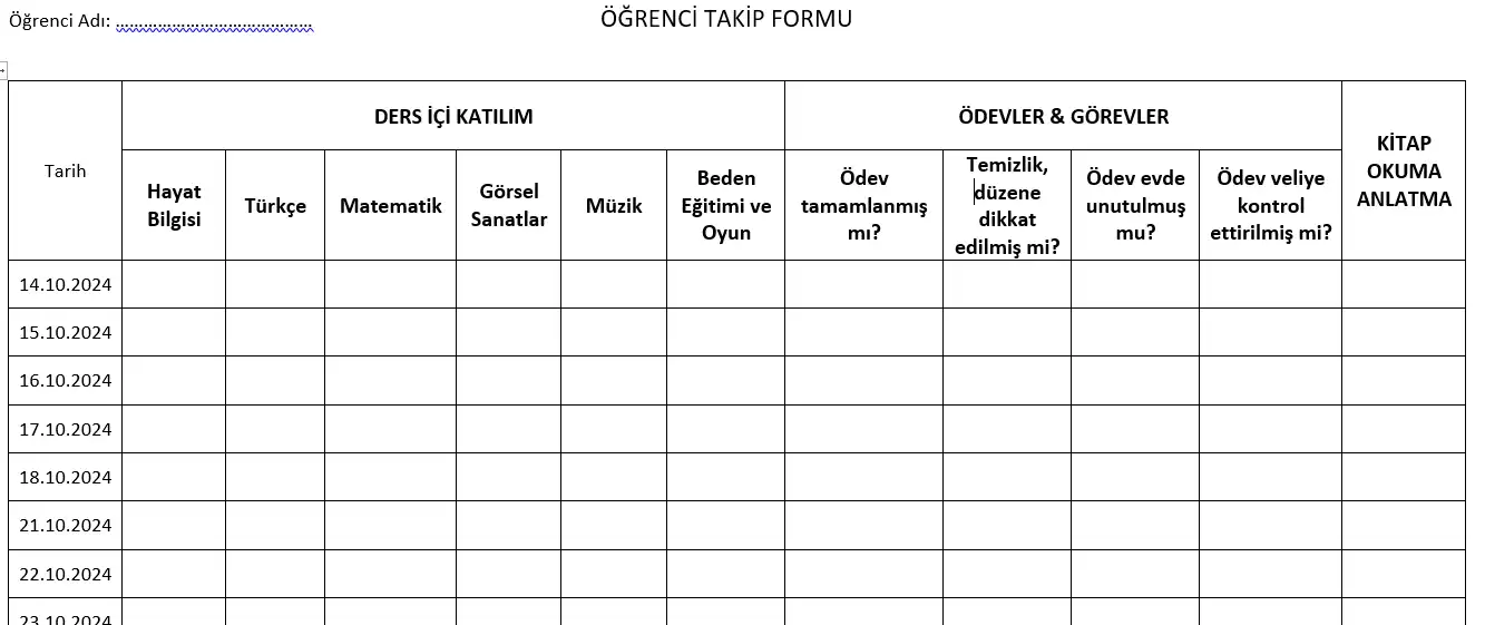Ders İçi ve Ödev Takibi İçin Öğrenci Takip Formu