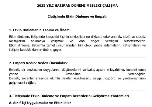 2025 Ortaokul Mesleki Çalışma: İletişimde Etkin Dinleme ve Empati