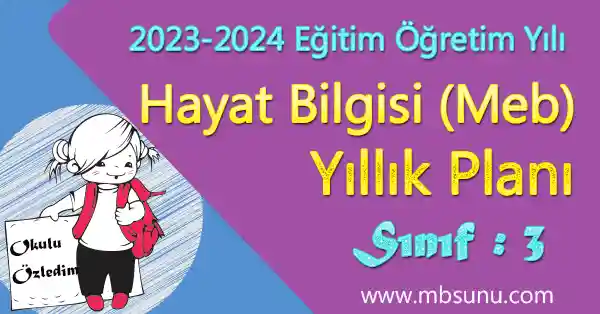 2023 - 2024 Yılı 3. Sınıf Hayat Bilgisi Yıllık Planı (Meb) - Yeni