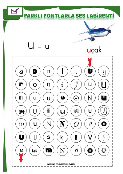 1. Sınıf İlk Okuma Farklı Fontlarla U Sesi Oyunlu Labirent Etkinliği