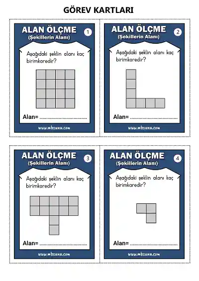 Şekillerin Alanını Ölçme - Seviye 1 - Görev Kartları Oyunu
