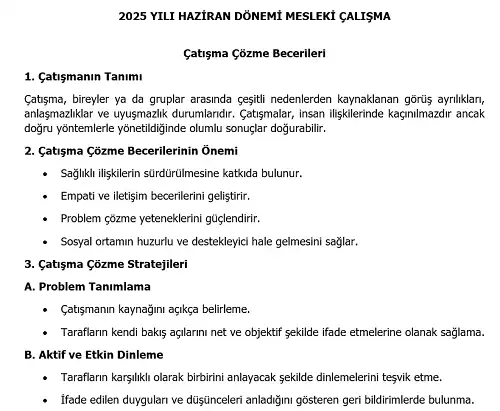 2025 İlkokul Mesleki Çalışma: Çatışma Çözme Becerileri