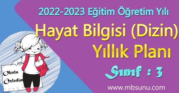 2022 - 2023 Yılı 3. Sınıf Hayat Bilgisi Yıllık Planı (Dizin Yayınları)