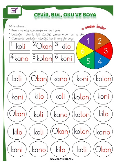 1. Sınıf İlk Okuma O Sesi - Çevir, Bul, Oku ve Boya Etkinliği