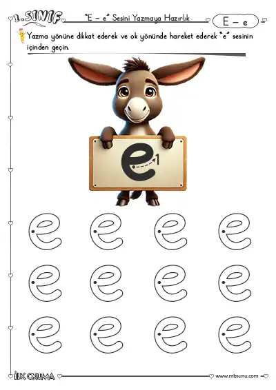 1. Sınıf E Sesini Yazmaya Hazırlık Etkinliği