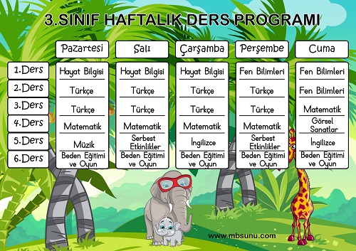 3. Sınıf Haftalık Ders Programı Boş ve Dolu Şablon