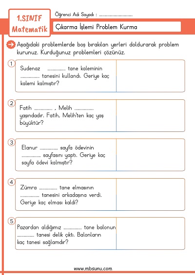 1. Sınıf Matematik - Çıkarma İşlemi Problem Kurma Etkinlikleri