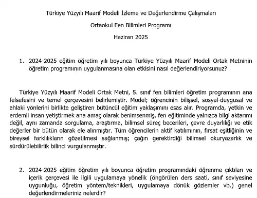 Türkiye Yüzyılı Maarif Modeli İzleme ve Değerlendirme Çalışmaları - Ortaokul Fen Bilimleri Programı