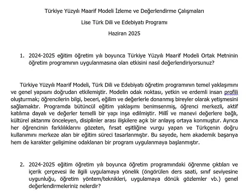 Türkiye Yüzyılı Maarif Modeli İzleme ve Değerlendirme Çalışmaları - Lise Türk Dili ve Edebiyatı Programı