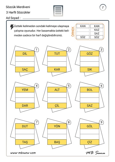 Sözcük Merdiveni Etkinliği - 3 Harfli Sözcükler - 1