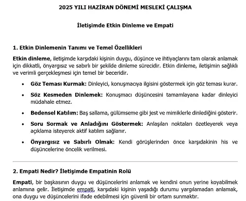 2025 Lise Mesleki Çalışma: İletişimde Etkin Dinleme ve Empati