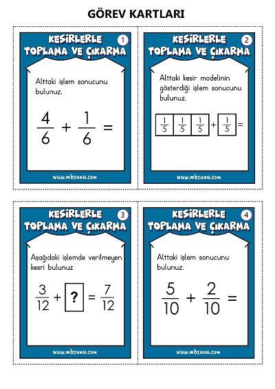 Kesirlerle İşlemler - Görev Kartları Oyunu