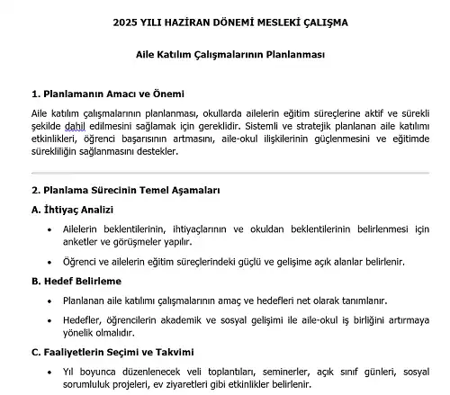 2025 Ortaokul Mesleki Çalışma: Aile Katılım Çalışmalarının Planlanması