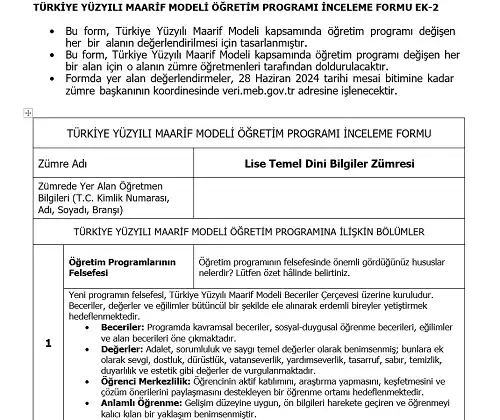 Maarif Modeli Lise Temel Dini Bilgiler Programı İnceleme Formu Ek-2 (Doldurulmuş Hali)