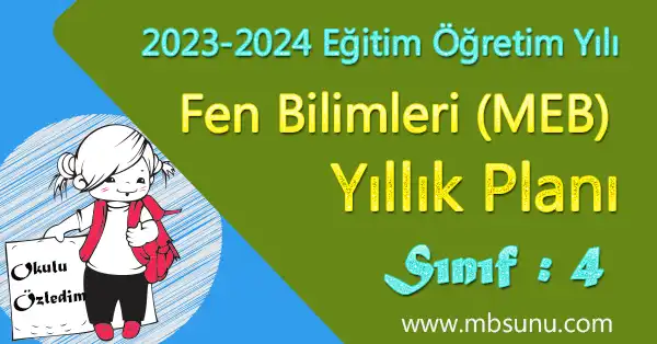 2023 - 2024 Yılı 4. Sınıf Fen Bilimleri Yıllık Planı (MEB)