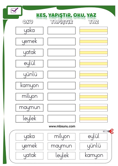 1. Sınıf İlk Okuma Y Sesi - Kes Yapıştır Oku Yaz Etkinliği