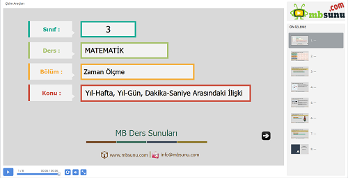 3.Sınıf Matematik Yıl-Hafta, Yıl-Gün, Dakika-Saniye Arasındaki İlişki Sunusu