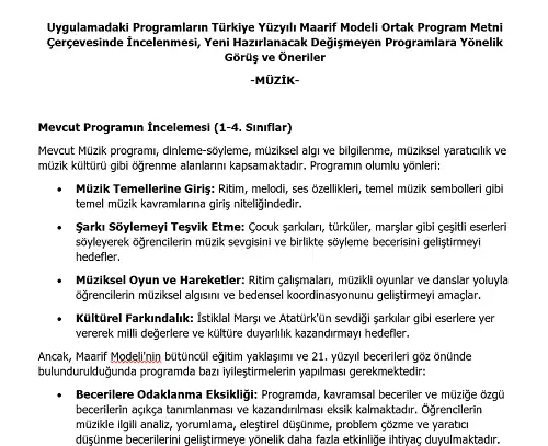 İlkokul Müzik Programının Maarif Modeli Metni Çerçevesince İncelenmesi, Görüş ve Öneriler