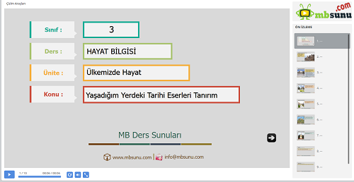 3.Sınıf Hayat Bilgisi Yaşadığım Yerdeki Tarihi Eserleri Tanırım Sunusu