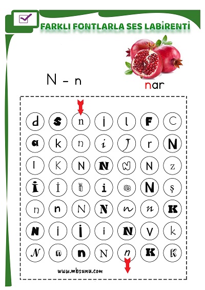 1. Sınıf İlk Okuma Farklı Fontlarla N Sesi Oyunlu Labirent Etkinliği