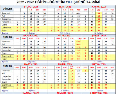 2022 - 2023 Eğitim Öğretim Yılı İş Günü Takvimi