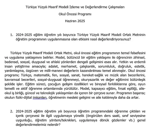 Türkiye Yüzyılı Maarif Modeli İzleme ve Değerlendirme Çalışmaları - Okul Öncesi Programı