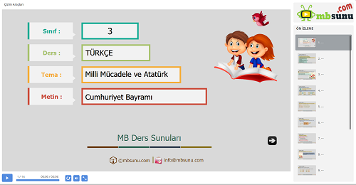 3.Sınıf Türkçe Cumhuriyet Bayramı Metni Sunusu